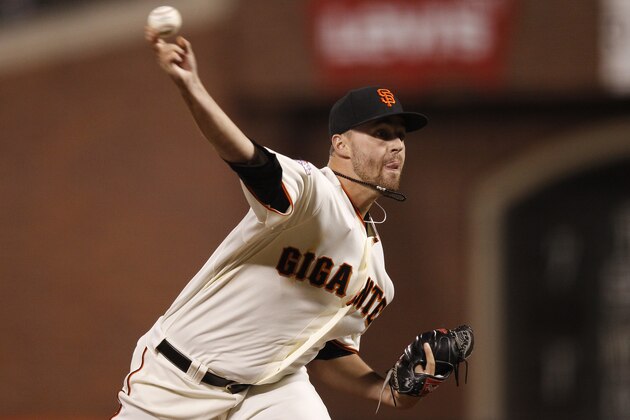 SAN FRANCISCO, CA - SEPTEMBER 7:  Relief pitcher Heath Hembree #38 of the San Francisco Giants delivers a pitch against  the Arizona Diamondbacks during the ninth inning at AT&T Park on September 7, 2013 in San Francisco, California. The Diamondbacks defeated the Giants 2-1. (Photo by Stephen Lam/Getty Images)