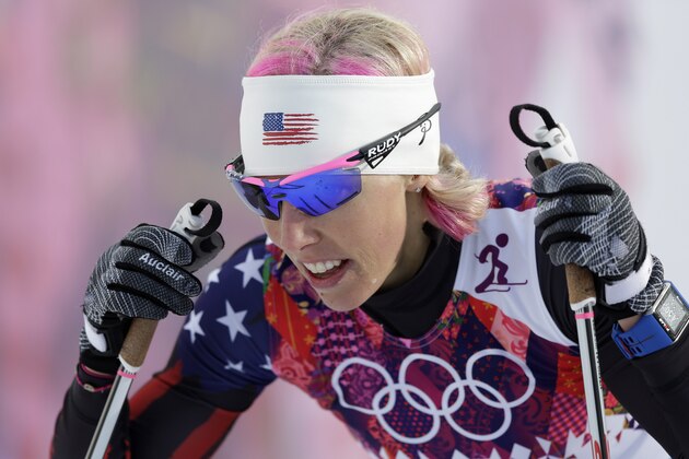 United States' Kikkan Randall catches her breath after her women's quarterfinal heat of the cross-country sprint at the 2014 Winter Olympics, Tuesday, Feb. 11, 2014, in Krasnaya Polyana, Russia. (AP Photo/Matthias Schrader)