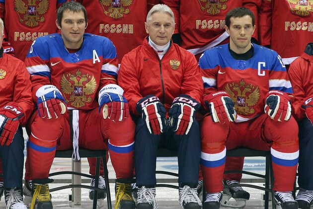 SOCHI, RUSSIA - FEBRUARY 10: (L-R) Alex Ovechkin #8, Head coach Zinetula Bilyaletdinov, and Pavel Datsyuk #13 of the Russian Federation pose during a team photo session on day three of the Sochi 2014 Winter Olympics at Bolshoy Arena on February 10, 2014 in Sochi, Russia.  (Photo by Bruce Bennett/Getty Images)