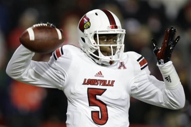 FILE -  In this Dec. 5, 2013, file photo, Louisville quarterback Teddy Bridgewater passes against Cincinnati in the first half of an NCAA college football game in Cincinnati. In preparation for Saturday's, Dec. 28, 2013, Russell Athletic Bowl against Miami (9-3), the focus for Louisville is on executing the same gameplan that has yielded a 22-3 record the past two seasons. (AP Photo/Al Behrman, File)