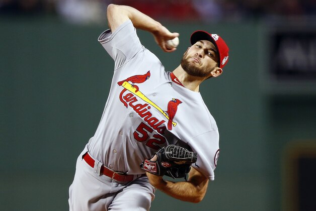 St. Louis Cardinals starting pitcher Michael Wacha throws during the first inning of Game 2 of baseball's World Series against the Boston Red Sox Thursday, Oct. 24, 2013, in Boston. (AP Photo/Jared Wickerham, Pool)
