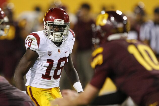 Southern California safety Dion Bailey (18) during the second half of an NCAA college football game against Arizona State on Saturday, Sept. 28, 2013, in Tempe, Ariz. (AP Photo/Rick Scuteri)