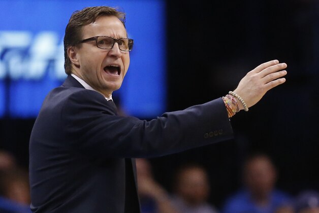 Oklahoma City Thunder head coach Scott Brooks gestues in the second quarter of an NBA basketball game against the New York Knicks in Oklahoma City, Sunday, Feb. 9, 2014. Oklahoma City won 112-100.(AP Photo/Sue Ogrocki)