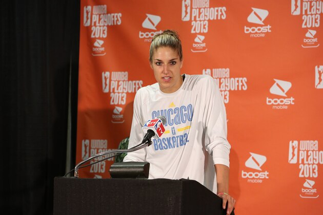 ROSEMONT, IL - SEPTEMBER 20: Elena Delle Donne #11 of the Chicago Sky addresses the media after being named the recipient of the 2013 WNBA Rookie of the Year award during a press conference on September 20, 2013 at the Allstate Arena in Rosemont, Illinois. NOTE TO USER: User expressly acknowledges and agrees that, by downloading and/or using this photograph, user is consenting to the terms and conditions of the Getty Images License Agreement.  Mandatory Copyright Notice: Copyright 2013 NBAE (Photo by Gary Dineen/NBAE via Getty Images)