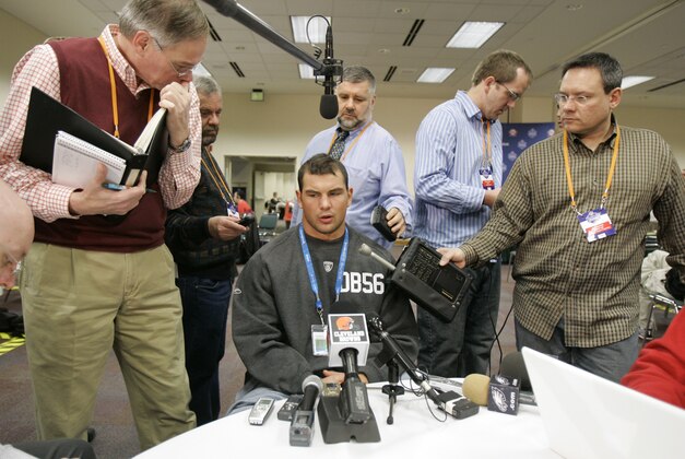 Defensive back Tom Zbikowski, seated, of Notre Dame, responds to a question during an interview at the NFL Combine in Indianapolis, Sunday, Feb. 24, 2008.  (AP Photo/Darron Cummings)