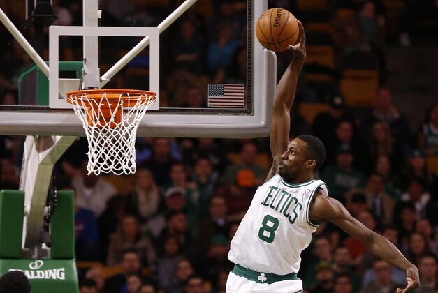 Jan 29, 2014; Boston, MA, USA; Boston Celtics small forward Jeff Green (8) dunks the ball against the Philadelphia 76ers during the first half at TD Garden. Mandatory Credit: Mark L. Baer-USA TODAY Sports