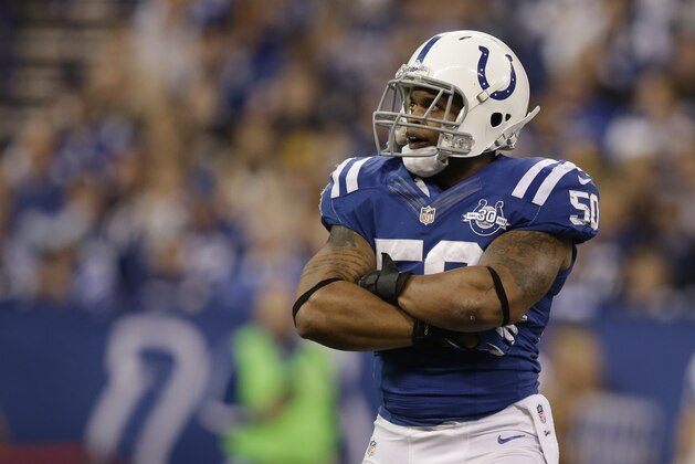 Indianapolis Colts' Jerrell Freeman following a tackle during the first half of an NFL football game against the Jacksonville Jaguars Sunday, Dec. 29, 2013, in Indianapolis. (AP Photo/Michael Conroy)