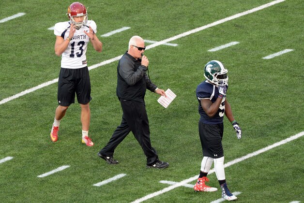 Jan 20, 2014; Mobile, AL, USA;  North squad head coach Mike Smith of the Atlanta Falcons during practice at Ladd-Peebles Stadium. Mandatory Credit: John David Mercer-USA TODAY Sports