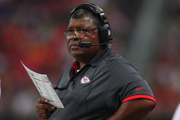 ST. LOUIS, MO - AUGUST 18: Head coach Romeo Crennel of the Kansas City Chiefs looks on during a pre-season game against the St. Louis Rams at the Edward Jones Dome on August 18, 2012 in St. Louis, Missouri.  (Photo by Dilip Vishwanat/Getty Images)