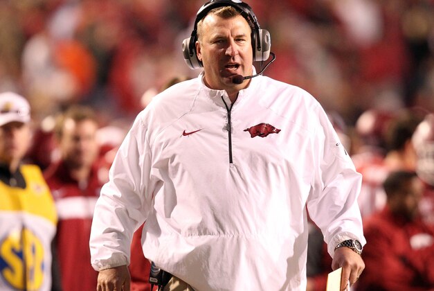 Nov 2, 2013; Fayetteville, AR, USA; Arkansas Razorbacks head coach Bret Bielema during the game against the Auburn Tigers at Donald W. Reynolds Razorback Stadium. Auburn defeated Arkansas 35-17. Mandatory Credit: Nelson Chenault-USA TODAY Sports