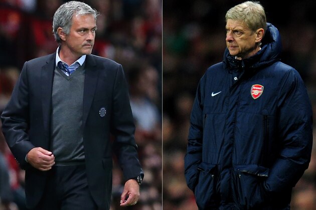 (FILE PHOTO - EDITORS NOTE: COMPOSITE OF TWO IMAGES - Image Numbers 177996036 (L) and 452339145) In this composite image a comparison has been made between Chelsea Manager Jose Mourinho (L) and Arsenal Manager Arsene Wenger. The Premier League match between Arsenal and Chelsea takes place on December 23, 2013 at the Emirates Stadium, London, England. ***LEFT IMAGE*** MANCHESTER, ENGLAND - AUGUST 26: Chelsea Manager Jose Mourinho looks on during the Barclays Premier League match between Manchester United and Chelsea at Old Trafford on August 26, 2013 in Manchester, England. (Photo by Alex Livesey/Getty Images) ***RIGHT IMAGE*** LONDON, ENGLAND - NOVEMBER 26: Manager Arsene Wenger of Arsenal looks on during the UEFA Champions League Group F match between Arsenal and Olympique de Marseille at Emirates Stadium on November 26, 2013 in London, England. (Photo by Shaun Botterill/Getty Images)