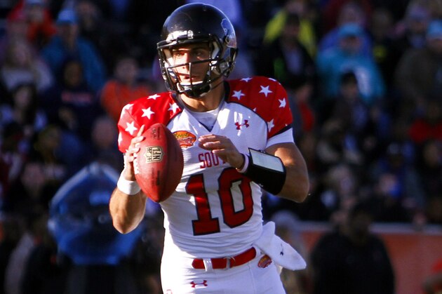 South quarterback Jimmy Garoppolo (10), of Eastern Illinois, during the first half of the Senior Bowl NCAA college football game on Saturday, Jan. 25, 2014, in Mobile, Ala. (AP Photo/Butch Dill)