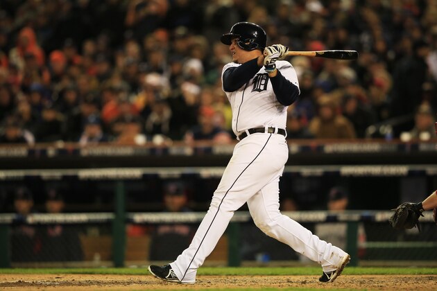 DETROIT, MI - OCTOBER 17:  Miguel Cabrera #24 of the Detroit Tigers hits a single in the fifth inning against the Boston Red Sox during Game Five of the American League Championship Series at Comerica Park on October 17, 2013 in Detroit, Michigan.  (Photo by Jamie Squire/Getty Images)