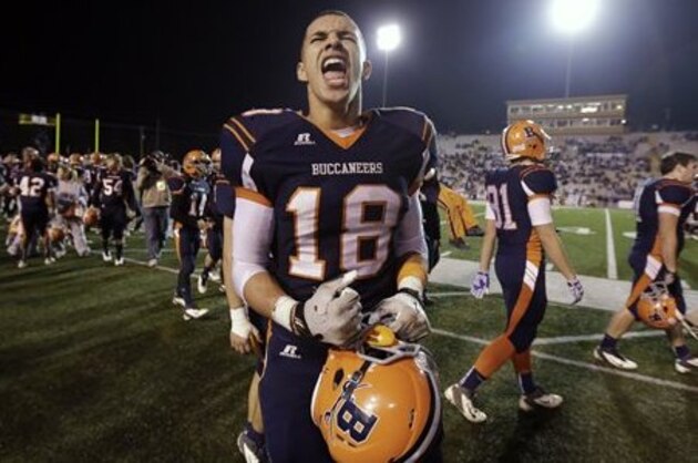 Beech's Jalen Hurd celebrates after defeating Columbia Central in their Division I Class 5A championship high school football game on Friday, Nov. 30, 2012, in Cookeville, Tenn. Hurd rushed for 394 yards and seven touchdowns as Beech High School won 56-35. (AP Photo/Mark Humphrey)
