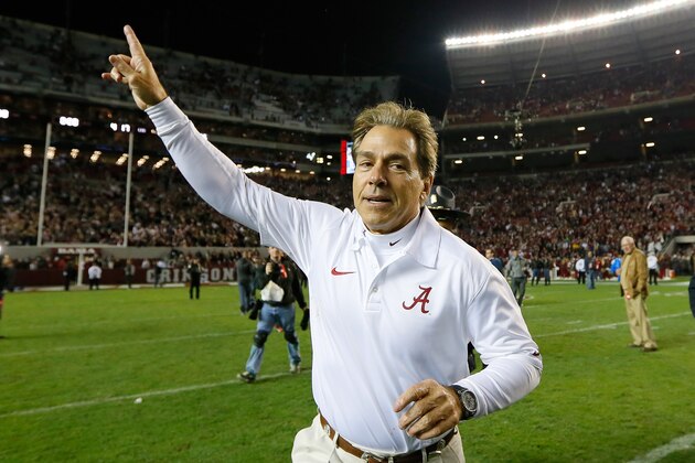 TUSCALOOSA, AL - NOVEMBER 09:  Head coach Nick Saban of the Alabama Crimson Tide celebrates their 38-17 win over the LSU Tigers at Bryant-Denny Stadium on November 9, 2013 in Tuscaloosa, Alabama.  (Photo by Kevin C. Cox/Getty Images)