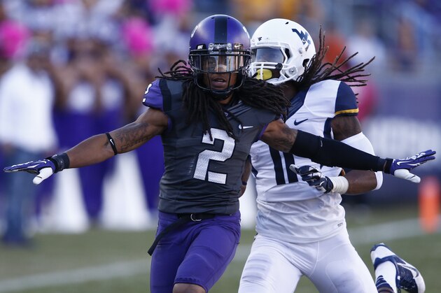 TCU cornerback Jason Verrett (2) reacts after an incomplete pass to West Virginia wide receiver Kevin White (11) during the second half of an NCAA football game, Saturday, Nov. 2, 2013, in Fort Worth, Texas. West Virginia won 30-27. (AP Photo/Jim Cowsert)