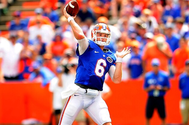 GAINESVILLE, FL - AUGUST 31:  Jeff Driskel #6 of the Florida Gators  drops back to pass against the Toledo Rockets during a game at Ben Hill Griffin Stadium on August 31, 2013 in Gainesville, Florida.  (Photo by Stacy Revere/Getty Images)