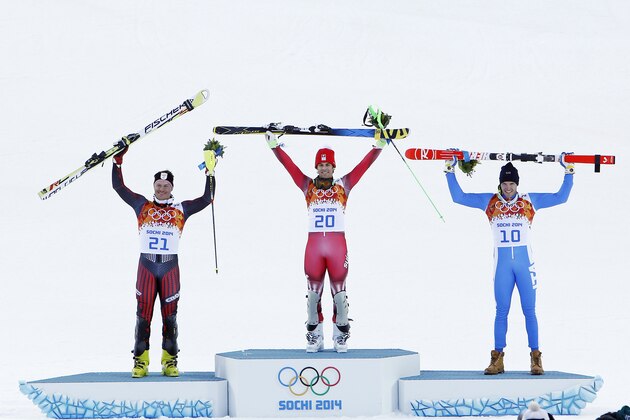 SOCHI, RUSSIA - FEBRUARY 14: (FRANCE OUT) Sandro Viletta of Switzerland wins the gold medal, Ivica Kostelic of Croatia wins the silver medal, Christof Innerhofer of Italy wins the bronze medal during the Alpine Skiing Men's Super Combined at the Sochi 2014 Winter Olympic Games at Rosa Khutor Alpine Centre on February 14, 2014 in Sochi, Russia. (Photo by Alexis Boichard/Agence Zoom/Getty Images)
