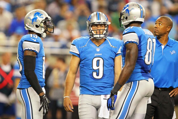 August 10, 2012; Detroit, MI, USA; Detroit Lions quarterback Matthew Stafford (9) - wide receiver Nate Burleson (13) and wide receiver Calvin Johnson (81) during the first half against the Cleveland Browns at Ford Field. Mandatory Credit: Mike Carter-USA TODAY Sports August 10, 2012; Detroit, MI, USA; Detroit Lions quarterback Matthew Stafford (9) - wide receiver Nate Burleson (13) and wide receiver Calvin Johnson (81) during the first half against the Cleveland Browns at Ford Field. Mandatory Credit: Mike Carter-USA TODAY Sports