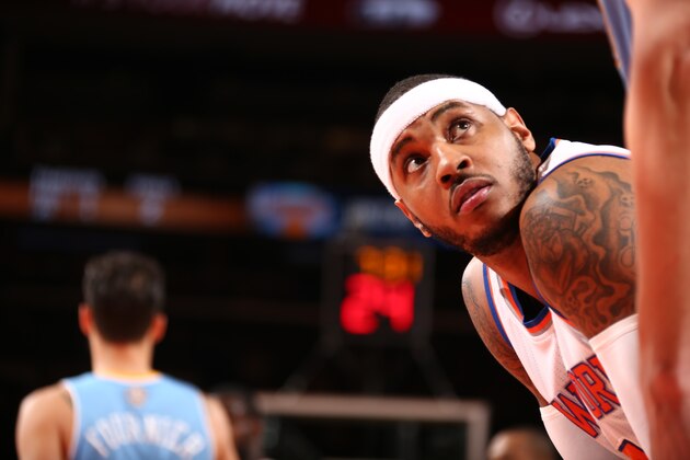 NEW YORK, NY - FEBRUARY 07: Carmelo Anthony #7 of the New York Knicks during a game against the Denver Nuggets at Madison Square Garden in New York City on February 07, 2014.  NOTE TO USER: User expressly acknowledges and agrees that, by downloading and or using this photograph, User is consenting to the terms and conditions of the Getty Images License Agreement. Mandatory Copyright Notice: Copyright 2014 NBAE  (Photo by Nathaniel S. Butler/NBAE via Getty Images)