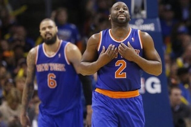 New York Knicks guard Raymond Felton (2) reacts after being called for a foul during an NBA basketball game against the Oklahoma City Thunder in Oklahoma City, Sunday, Feb. 9, 2014. Oklahoma City won 112-100. (AP Photo/Sue Ogrocki)
