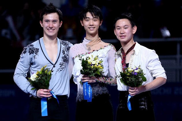 SOCHI, RUSSIA - FEBRUARY 14:  Patrick Chan of Canada poses after winning the silver, Yuzuru Hanyu of Japan after winning the gold and Denis Ten of Kazakhstan after winning the bronze in the Figure Skating Men's Free Skating on day seven of the Sochi 2014 Winter Olympics at Iceberg Skating Palace on February 14, 2014 in Sochi, Russia.  (Photo by Matthew Stockman/Getty Images)