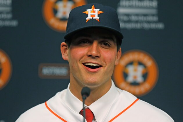 HOUSTON, TX - JUNE 19:  Houston Astros first overall draft pick Mark Appel speaks to the media after signing with the team prior to the start of the game between the Milwaukee Brewers and the Houston Astros at Minute Maid Park on June 19, 2013 in Houston, Texas.  (Photo by Scott Halleran/Getty Images)