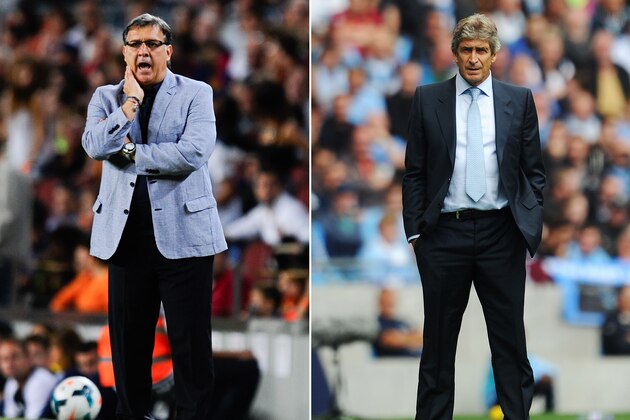 FILE PHOTO - EDITORS NOTE: COMPOSITE OF TWO IMAGES - Image Numbers 180546404 (L) and 178918536) In this composite image a comparison has been made between Head coach Gerardo Martino of FC Barcelona (L) and Manchester City manager Manuel Pellegrini . Manchester City and Barcelona meet in the UEFA Champions League Round of 16 match 1st leg on February 18,2014 with the 2nd leg on March 12 ,2014.   ***LEFT IMAGE*** BARCELONA, SPAIN - SEPTEMBER 14: Head coach Gerardo 'Tata' Martino of FC Barcelona reacts during the La Liga match between FC Barcelona and Sevilla FC at Camp Nou on September 14, 2013 in Barcelona, Spain. (Photo by David Ramos/Getty Images) ***RIGHT IMAGE*** MANCHESTER, ENGLAND - AUGUST 31: Manchester City manager Manuel Pellegrini looks on during the Barclays Premier League match between Manchester City and Hull City at the Etihad Stadium on August 31, 2013 in Manchester, England. (Photo by Chris Brunskill/Getty Images)