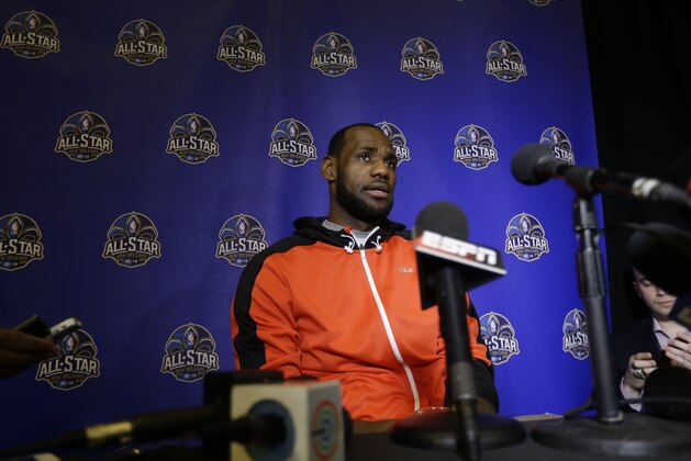 The Miami Heat's LeBron James speaks with reporters during the NBA All Star basketball news conference, Friday, Feb. 14, 2014, in New Orleans. The 63rd annual NBA All Star game will be played Sunday in New Orleans. (AP Photo/Gerald Herbert)