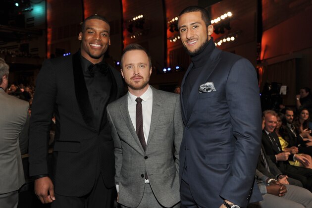 Cam Newton of the Carolina Panthers, from the left, Aaron Paul and Colin Kaepernick attend the 3rd annual NFL Honors at Radio City Music Hall on Saturday, Feb. 1, 2014, in New York. (Photo by Frank Micelotta/Invision for NFL/AP Images)