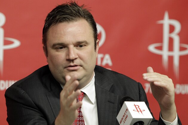 FILE- In this April 19, 2011, file photo, Houston Rockets general manager Daryl Morey discusses the direction of the team with the media during a basketball news conference in Houston, after the decision to part ways with head coach Rick Adelman. (AP Photo/Pat Sullivan, File)