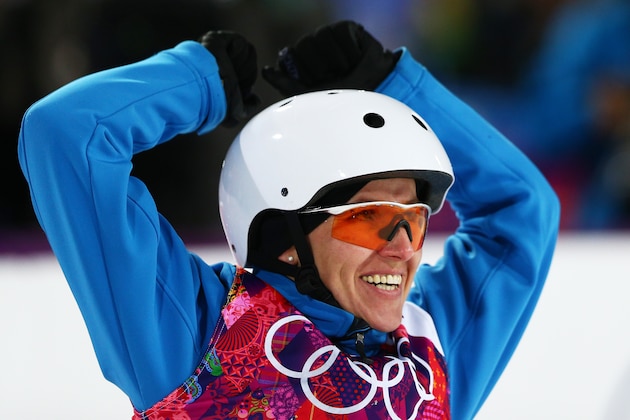 SOCHI, RUSSIA - FEBRUARY 14:  Alla Tsuper of Belarus celebrates after her run in the Freestyle Skiing Ladies' Aerials Finals on day seven of the Sochi 2014 Winter Olympics at Rosa Khutor Extreme Park on February 14, 2014 in Sochi, Russia.  (Photo by Clive Mason/Getty Images)