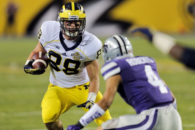 Michigan tight end Jake Butt (88) tries to elude Kansas State defensive back Dorrian Roberts (4) during the first half of the Buffalo Wild Wings Bowl NCAA college football game on Saturday, Dec. 28, 2013, in Tempe. (AP Photo/Matt York)