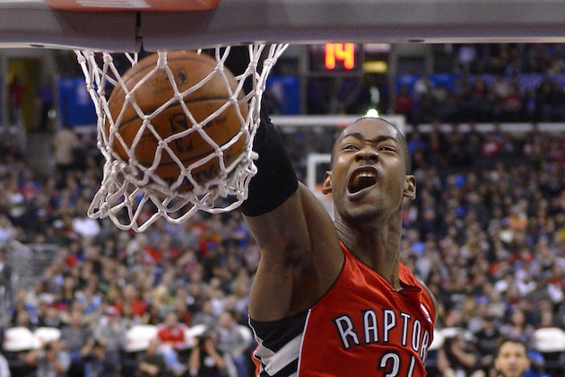 Toronto Raptors forward Terrence Ross dunks during the first half of an NBA basketball game against the Los Angeles Clippers, Friday, Feb. 7, 2014, in Los Angeles. (AP Photo/Mark J. Terrill)