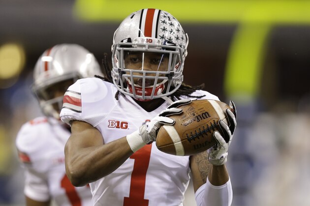 Ohio State's Bradley Roby prepares for the Big Ten Conference championship NCAA college football game against Michigan State Saturday, Dec. 7, 2013, in Indianapolis. (AP Photo/Michael Conroy)