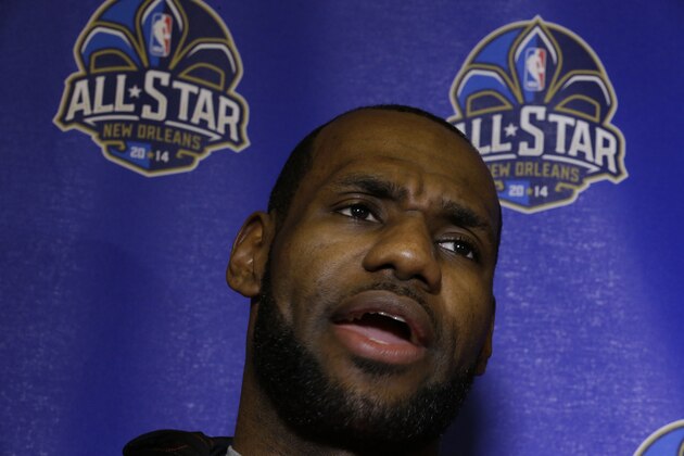 The Miami Heat's LeBron James speaks with reporters during the NBA All Star basketball news conference, Friday, Feb. 14, 2014, in New Orleans. The 63rd annual NBA All Star game will be played Sunday in New Orleans. (AP Photo/Gerald Herbert)