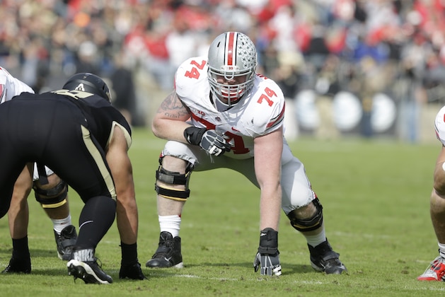 Ohio State offensive linesman Jack Mewhort during the first half of an NCAA college football game against Purdue in West Lafayette, Ind., Saturday, Nov. 2, 2013. (AP Photo/Michael Conroy)