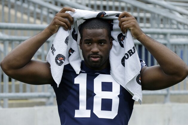 Penn St defensive end Deion Barnes (18)waits for a group photo during the NCAA college football team's media day in State College, Pa., Thursday, Aug. 8, 2013. (AP Photo/Gene J. Puskar)