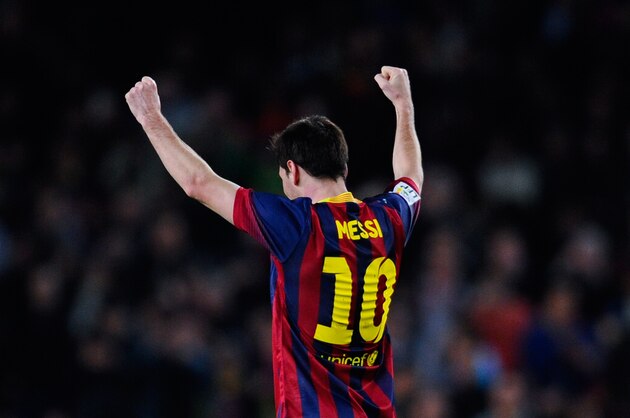 BARCELONA, SPAIN - FEBRUARY 15:  Lionel Messi of FC Barcelona celebrates after scoring his team's second goal during the La Liga match between Barcelona and Rayo Vallecano de Madrid at Camp Nou on February 15, 2014 in Barcelona, Spain.  (Photo by David Ramos/Getty Images)