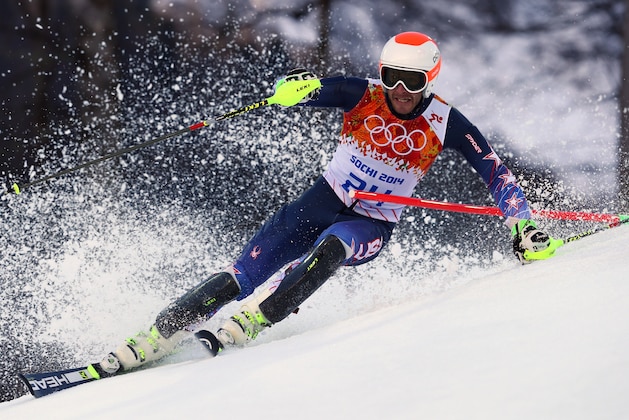 United States' Bode Miller makes a turn during the slalom portion of the men's supercombined at the Sochi 2014 Winter Olympics, Friday, Feb. 14, 2014, in Krasnaya Polyana, Russia. (AP Photo/Alessandro Trovati)
