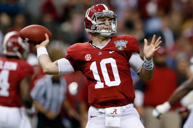 NEW ORLEANS, LA - JANUARY 02:  AJ McCarron #10 of the Alabama Crimson Tide throws a pass against the Oklahoma Sooners during the Allstate Sugar Bowl at the Mercedes-Benz Superdome on January 2, 2014 in New Orleans, Louisiana.  (Photo by Kevin C. Cox/Getty Images)