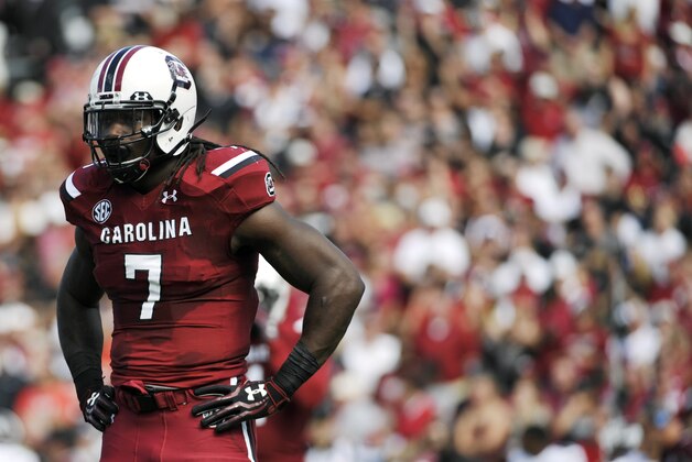 South Carolina's Jadeveon Clowney looks to the sidelines between plays during the first half of an NCAA college football game against Mississippi State, Saturday, Nov. 2, 2013, in Columbia, S.C. (AP Photo/Rainier Ehrhardt)