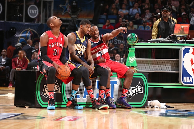 NEW ORLEANS, LA - FEBRUARY 15: Paul George, Terrence Ross, and John Wall during the Sprite Slam Dunk Contest on State Farm All-Star Saturday Night as part of the 2014 All-Star Weekend at Smoothie King Center on February 15, 2014 in New Orleans, Louisiana. NOTE TO USER: User expressly acknowledges and agrees that, by downloading and/or using this photograph, user is consenting to the terms and conditions of the Getty Images License Agreement. Mandatory Copyright Notice: Copyright 2014 NBAE (Photo by Nathaniel S. Butler/NBAE via Getty Images) NEW ORLEANS, LA - FEBRUARY 15: Paul George, Terrence Ross, and John Wall during the Sprite Slam Dunk Contest on State Farm All-Star Saturday Night as part of the 2014 All-Star Weekend at Smoothie King Center on February 15, 2014 in New Orleans, Louisiana. NOTE TO USER: User expressly acknowledges and agrees that, by downloading and/or using this photograph, user is consenting to the terms and conditions of the Getty Images License Agreement. Mandatory Copyright Notice: Copyright 2014 NBAE (Photo by Nathaniel S. Butler/NBAE via Getty Images)
