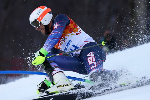 United States' Bode Miller makes a turn during the slalom portion of the men's supercombined at the Sochi 2014 Winter Olympics, Friday, Feb. 14, 2014, in Krasnaya Polyana, Russia. (AP Photo/Alessandro Trovati)