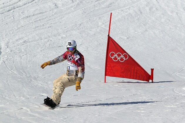 SOCHI, RUSSIA - FEBRUARY 15:  Nick Baumgartner of the United States trains during practice for the Mens Snowboard Cross competition at the Extreme Park at Rosa Khutor Mountain on February 15, 2014 in Sochi, Russia.  (Photo by Mike Ehrmann/Getty Images)