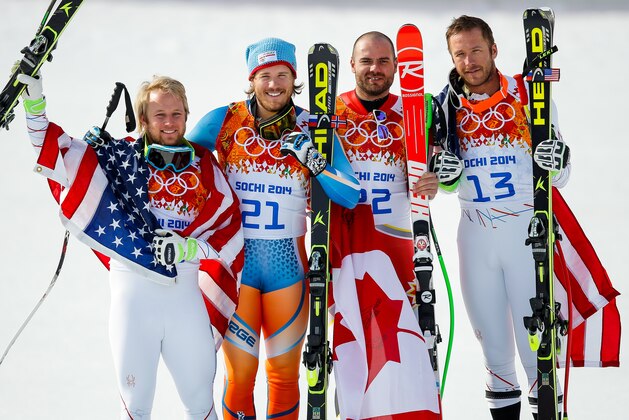 SOCHI, RUSSIA - FEBRUARY 16: (FRANCE OUT) Kjetil Jansrud of Norway wins the gold medal, Andrew Weibrecht of the USA wins the silver medal, Bode Miller of the USA and Jan Hudec of Canada win joint bronze medal during the Alpine Skiing Men's Super-G at the Sochi 2014 Winter Olympic Games at Rosa Khutor Alpine Centre on February 16, 2014 in Sochi, Russia. (Photo by Agence Zoom/Getty Images)