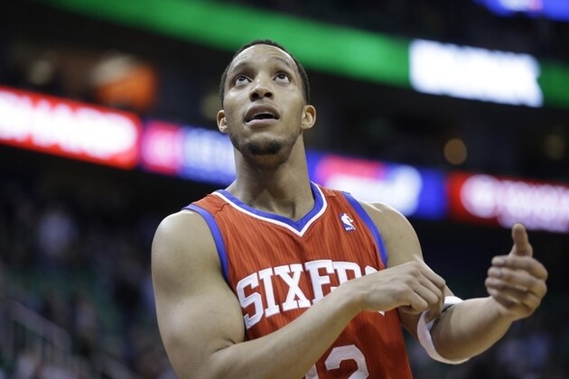 Philadelphia 76ers' Evan Turner (12) looks at the scoreboard in the second half of an NBA basketball game against the Utah Jazz Wednesday, Feb. 12, 2014, in Salt Lake City. (AP Photo/Rick Bowmer)