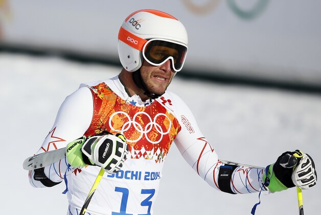 Feb 16, 2014; Krasnaya Polyana, RUSSIA; Bode Miller (USA) reacts after his run in men's alpine skiing super-G during the Sochi 2014 Olympic Winter Games at Rosa Khutor Alpine Center. Mandatory Credit: Rob Schumacher-USA TODAY Sports