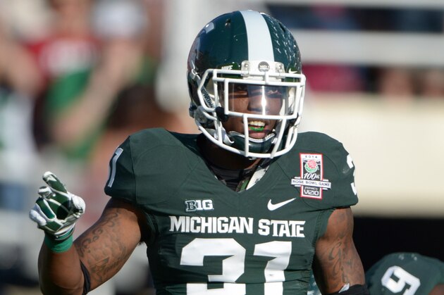 Jan 1, 2014; Pasadena, CA, USA; Michigan State Spartans cornerack Darqueze Dennard (31) reacts during the 100th Rose Bowl against the Stanford Cardinal. Mandatory Credit: Kirby Lee-USA TODAY Sports