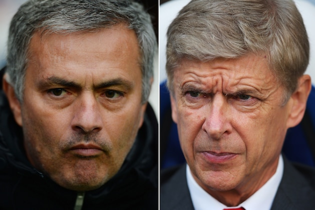 (FILE PHOTO - EDITORS NOTE: COMPOSITE OF TWO IMAGES - Image Numbers 186970818 (L) and 185913816) In this composite image a comparison has been made between Chelsea Manager Jose Mourinho (L) and Arsenal Manager Arsene Wenger. The Premier League match between Arsenal and Chelsea takes place on December 23, 2013 at the Emirates Stadium, London, England. ***LEFT IMAGE*** NEWCASTLE UPON TYNE, ENGLAND - NOVEMBER 02: Chelsea manager Jose Mourinho watches on during the Barclays Premier League match between Newcastle United and Chelsea at St James' Park on November 02, 2013 in Newcastle upon Tyne, England. (Photo by Mark Runnacles/Getty Images)  ***RIGHT IMAGE*** LONDON, ENGLAND - OCTOBER 26: Arsene Wenger, manager of Arsenal looks on during the Barclays Premier League match between Crystal Palace and Arsenal at Selhurst Park on October 26, 2013 in London, England. (Photo by Clive Rose/Getty Images)